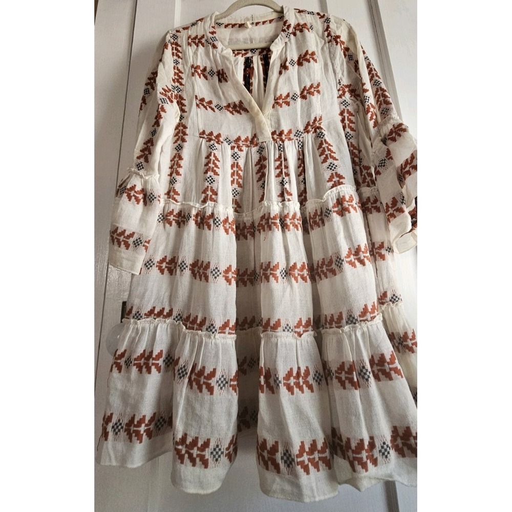 Elan Cream and Rust Embroidered Long Sleeve Boho Dress